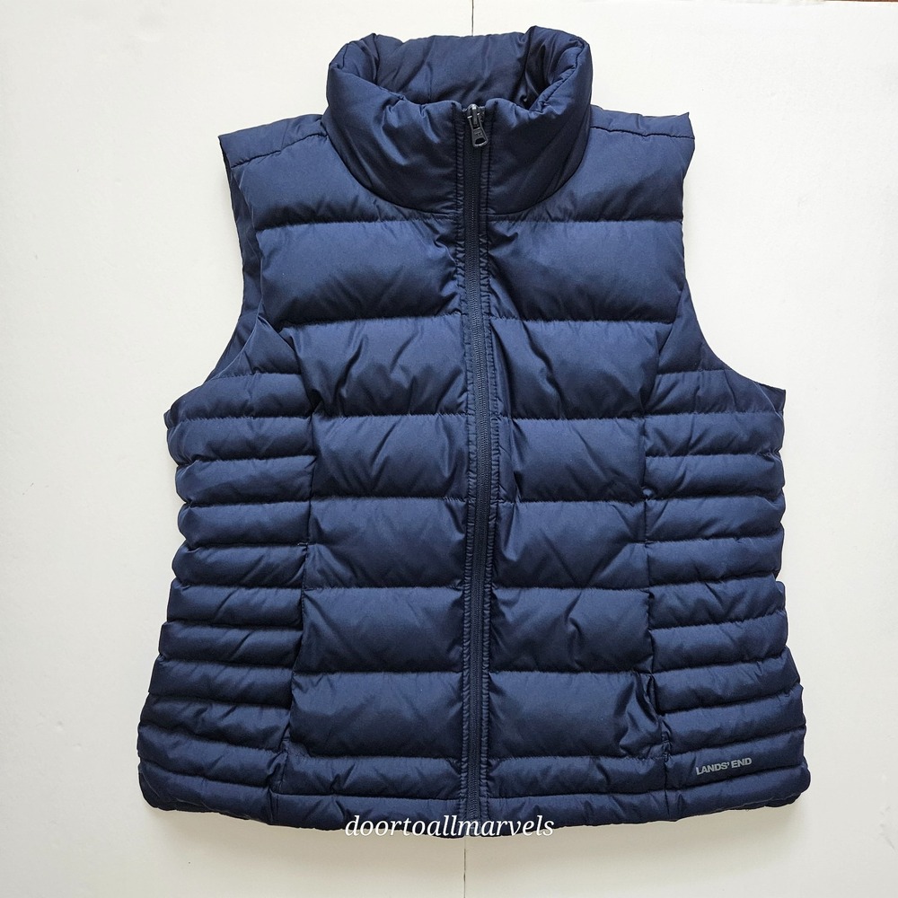 Lands' End Down Puffer Vest Quilted Full Zip Pockets Navy Blue WARM sz M